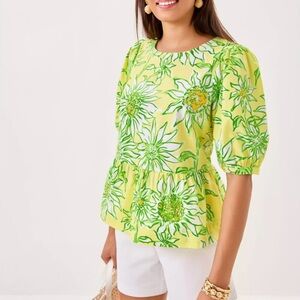Lilly Pulitzer Hisli Top Bows Limoncello Sunbelievable Poplin Women’s Size XXS